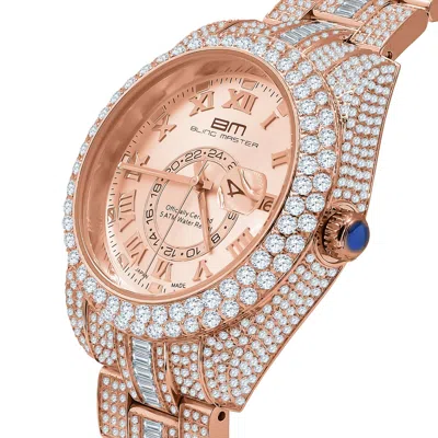 Pre-owned Bling Master - Knight Men's Full Stainless Steel Rose Gold Finish Simulated Diamond Watch W/date 42 Mm
