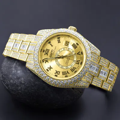 Pre-owned Bling Master - Knight Solid Stainless Steel 18k Yellow Gold Finish Simulated Diamond Watch W/date 42mm