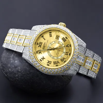 Pre-owned Bling Master - Knight Solid Stainless Steel 2 Tone Gold Finish Simulated Diamond Men Watch W/date 42mm