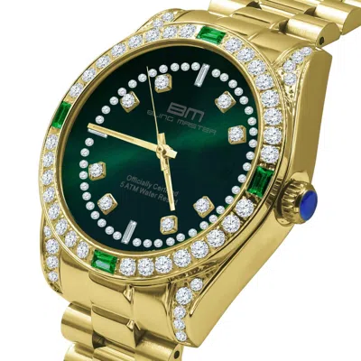 Pre-owned Bling Master - Majesty 18k Gold Tone Solid Steel Green Dial Simulated Diamond President Mens Watch 40mm