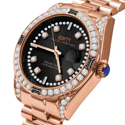 Pre-owned Bling Master - Majesty 18k Rose Gold Solid Steel Black Dial Simulated Diamond Mens President Watch 40mm