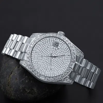 Pre-owned Bling Master - Majesty 18k Solid Steel White Gold Baguette Simulated Diamond Men's President Watch 40mm