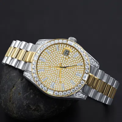 Pre-owned Bling Master - Majesty Men 18k 2 Tone Gold Solid Steel Simulated Baguette Diamond President Watch 40mm