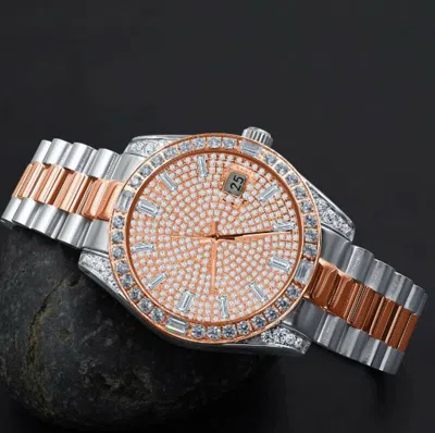 Pre-owned Bling Master - Majesty Solid Steel 18k 2 Tone Rose Gold Baguette Simulated Diamond President Watch 40mm