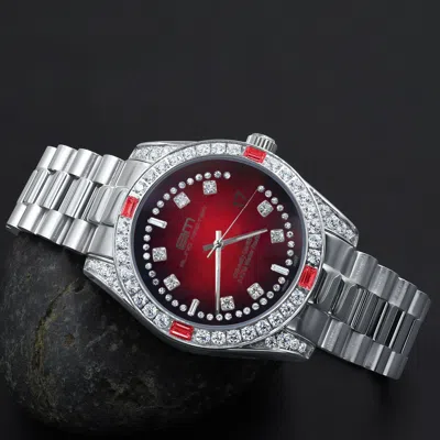 Pre-owned Bling Master - Majesty Solid Steel 18k White Gold Red Dial Simulated Diamond Mens President Watch 40mm