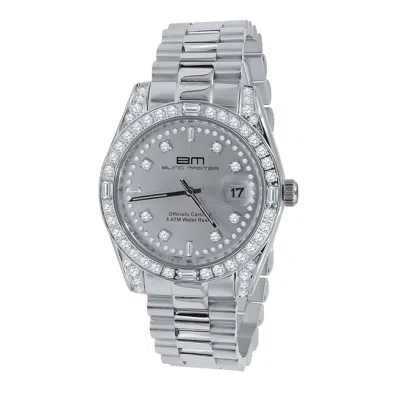 Pre-owned Bling Master - Majesty White Gold Tone Finish Stainless Steel Simulated Diamond 40mm Men's Watch W/date