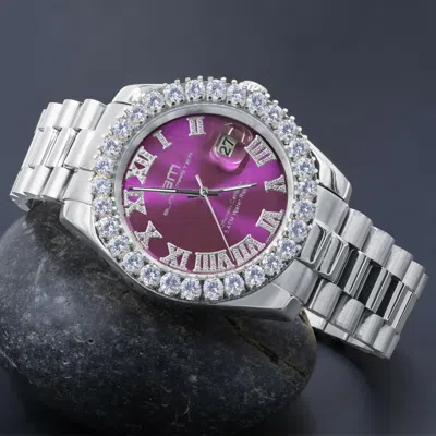 Pre-owned Bling Master - Overlord Full Steel Purple Dial 18k Gold Tone Simulated Diamond Presidential Men's Watch