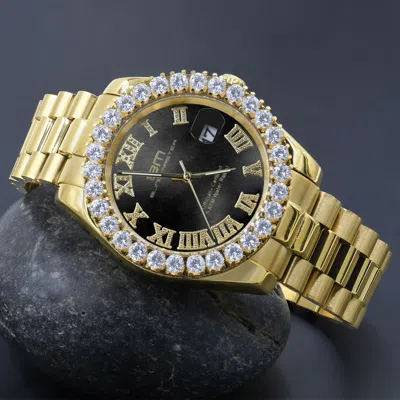 Pre-owned Bling Master - Overlord Solid Steel Black Dial Men's 18k Gold Simulated Diamonds Presidential Watch 42mm