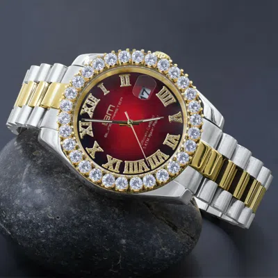 Pre-owned Bling Master -overlord Solid Steel Red Dial 18k 2 Tone Gold Simulated Diamond Presidential Men's Watch
