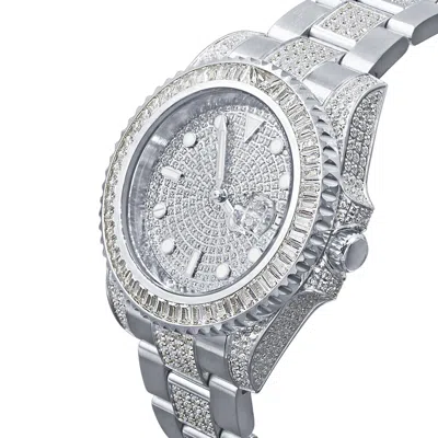 Pre-owned Bling Master 18k Solid Steel White Gold Baguette Simulated Diamonds W/date 40 Mm Men's Watch