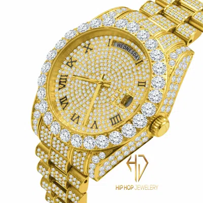 Pre-owned Bling Master 18k Yellow Gold Finish Solid Stainless Steel Day Date Roman Dial Solitaire Bezel