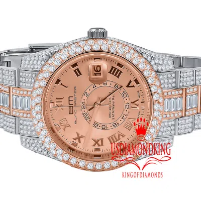 Pre-owned Bling Master 2 Tone Rose Gold Mens Solid Stainless Steel Simulated Diamond Watch 42mm W/date