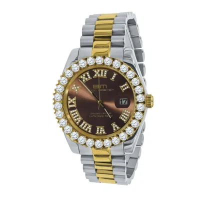 Pre-owned Bling Master Brown Dial Roman Face Full Steel Men's 18k 2 Tone Gold Finish 42mm Watch W/date