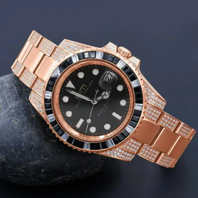 Pre-owned Bling Master Full Stainless Steel 18k Rose Gold Finish Simulated Diamond Mens President Watch