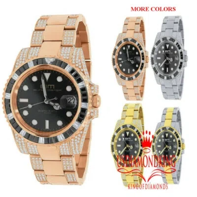 Pre-owned Bling Master Full Stainless Steel 18k Rose Gold Finish Simulated Diamond Mens President Watch