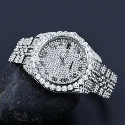 Pre-owned Bling Master Full Stainless Steel White Gold Solitaire Dial Roman Face Joe Rodeo Watch 44mm