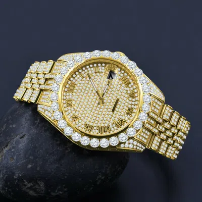 Pre-owned Bling Master Full Stainless Steel Yellow Gold Solitaire Dial Roman Face Joe Rodeo Watch 44mm