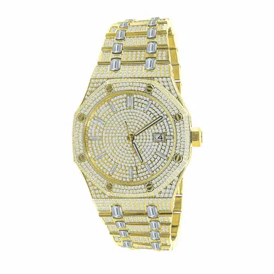 Pre-owned Bling Master Full Steel Baguette Men's Yellow Gold Tone Finish Simulated Diamonds 42 Mm Watch