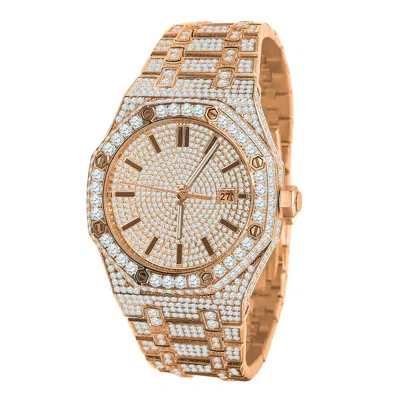 Pre-owned Bling Master Men's Full Steel Baguette Rose Gold 2 Tone Finish Simulated Diamonds 42 Mm Watch