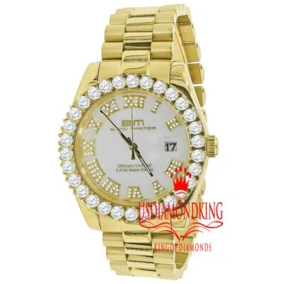 Pre-owned Bling Master Mens Solid Steel Mother Of Pearl Dial 18k Gold Tone Simulated Diamond Watch 42mm
