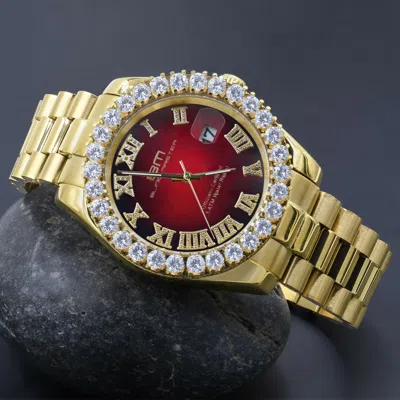 Pre-owned Bling Master-overlord Full Steel Red Dial Men's Gold Tone Simulated Diamond Presidential Watch 42 Mm