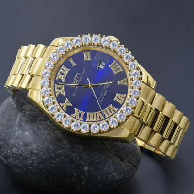 Pre-owned Bling Master-overlord Solid Steel Blue Dial Men's Gold Simulated Diamonds Presidential Watch 42 Mm
