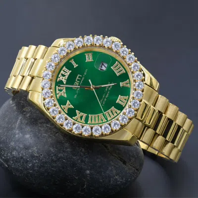 Pre-owned Bling Master-overlord Solid Steel Green Dial Men's Gold Simulated Diamonds Presidential Watch 42mm