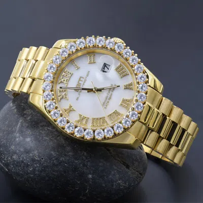 Pre-owned Bling Master-overlord Solid Steel Mother Of Pearl Dial Men Full Gold Tone Simulated Diamond Watch 42mm