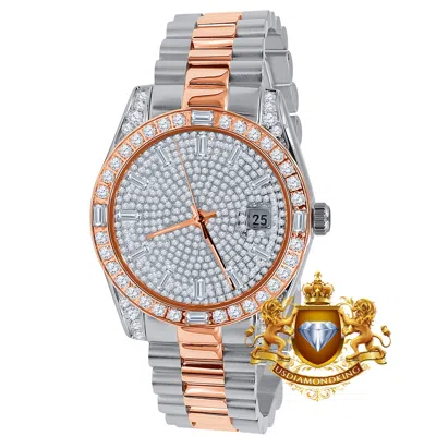 Pre-owned Bling Master Solid Steel 2 Tone Rose Gold Baguette Simulated Diamond President Watch 40mm