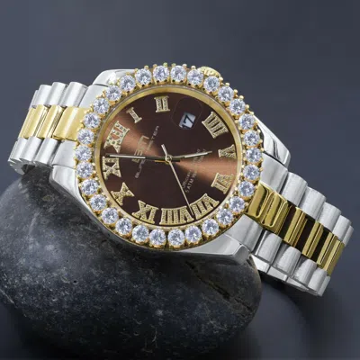 Pre-owned Bling Master Solid Steel Brown Dial 18k 2 Tone Gold Simulated Diamond Presidential Mens Watch