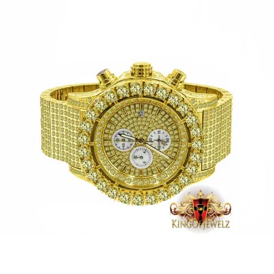 Pre-owned Blingmaster Solid Stainless Steel Canary Gold Tone Simulated Diamond 10 Row Band Watch 48mm