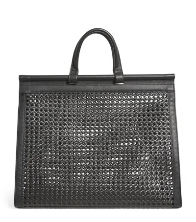 Blinq Midi Calfskin-rattan Porto Top-handle Bag In Black