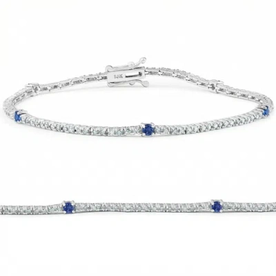 Bliss Diamond 1 1/10 Ct Diamond & Blue Sapphire Tennis Bracelet 14k Gold 7" Lab Grown In Silver