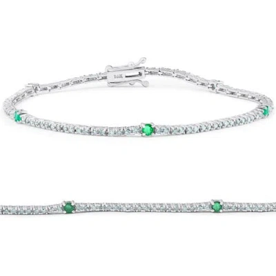 Bliss Diamond 1 1/10 Ct Diamond & Green Emerald Tennis Bracelet 14k Gold 7" Lab Grown In Silver