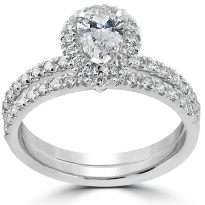Bliss Diamond 1 1/10ct Pear Halo Diamond Engagement Wedding Ring Set 14k Gold Lab Grown In Silver