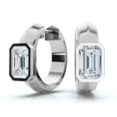 Bliss Diamond 1 1/3ct Emerald Cut Brava Bezel Diamond Hoops 5/8" Huggies 14k Gold Lab Grown In Silver