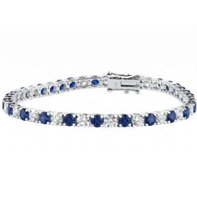 Bliss Diamond 11.50ct Blue Sapphire & Diamond Tennis Bracelet 7" 14k Gold Lab Grown In Silver