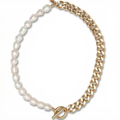 Bliss Diamond 18k Gold Plated Fresh Water Pearl And Curb Link Necklace 18" Toggle Clasp