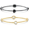 Bliss Diamond 18k Gold Plated Silver Set Of Two Onyx/topaz Bangle Bracelet 2mm In Gold