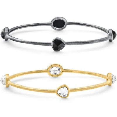 Bliss Diamond 18k Gold Plated Silver Set Of Two Onyx/topaz Bangle Bracelet 2mm