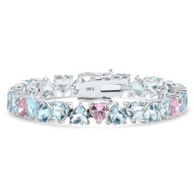 Bliss Diamond 34.43ct Heart Shape Pink & Blue Topaz Tennis Bracelet 14k Gold 23.51grams In 14k White Gold