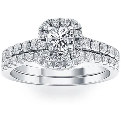 Bliss Diamond 3/4ct Cushion Halo Diamond Engagement Wedding Ring Set Gold Lab Grown In 10k White Gold