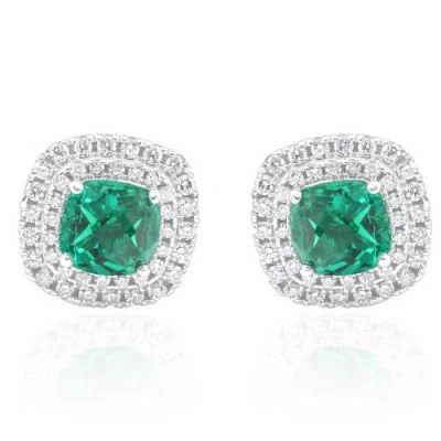 Bliss Diamond 4ct Emerald & Lab Grown Diamond Cushion Halo Studs 14k Gold In 14k White Gold