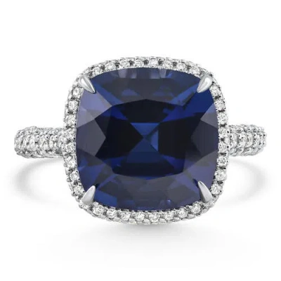 Bliss Diamond 8.50ct Tw Cushion Blue Sapphire & Pave Diamond Ring 14k Gold Lab Grown In Silver