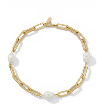 Bliss Diamond Aviv Anklet 18k Gold Plated 10" 8mm Paperclip And Freshwater Pearl