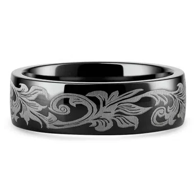 Bliss Diamond Black Barrel Script Titainum Ring 7mm Comfort Fit Wedding Band In Titanium
