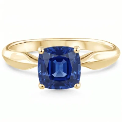 Bliss Diamond Certified 2ct Cushion Blue Sapphire Solitaire Engagemet Ring 14k Gold Lab Grown