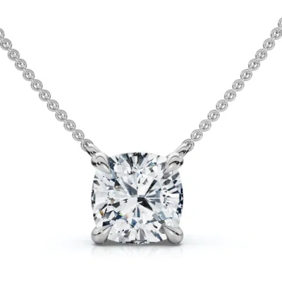 Bliss Diamond Certified 3ct Cushion Solitaire Diamond Pendant 14k Gold 18" Necklace Lab Grown In Silver