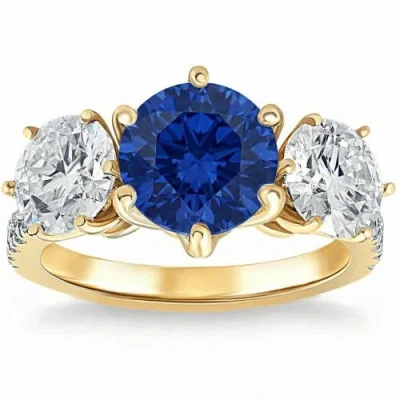 Bliss Diamond Certified 6 3/4ct Blue Sapphire Diamond Ring Three Stone Gold Lab Grown