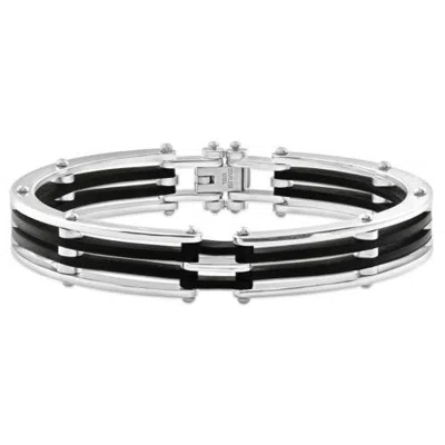 Bliss Diamond Steel And Black Silicone Latched 8" 13.5mm " Cuffed Bracelet In Stainless Steel